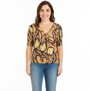 Ann Taylor Short Sleeve Cardigan, Yellow, Brown, & Peach, Size M